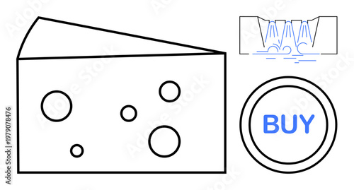 Food marketing, consumer choices, design layouts, e-commerce, creative visuals, packaging. Large cheese slice with holes, water stream diagram and buy text in a circular frame. Food marketing