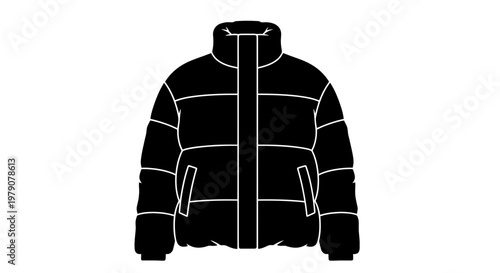 Black Puffer Jacket with Zipper and Pockets.