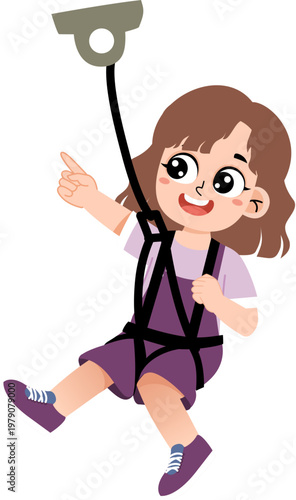Happy cartoon girl zip-lining and pointing