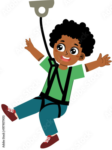 Happy Black boy zip-lining adventure