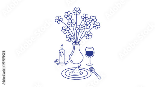 A minimalist line art illustration of flowers in a vase with wine and dinnerware on a table