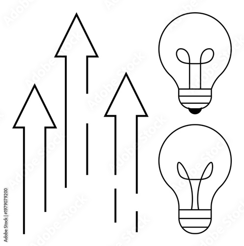 Growth and innovation concept. Light bulbs ideas and creativity, complemented by upward arrows progress and growth. Growth in business, startups, success, ideas, innovation