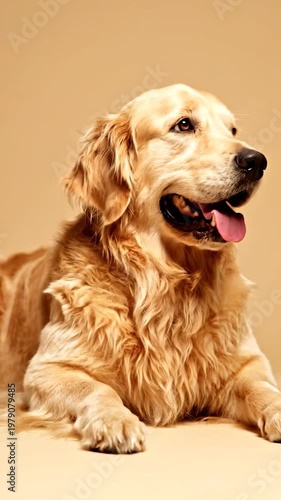A beautiful golden dog with long fur rests calmly against a solid neutral background