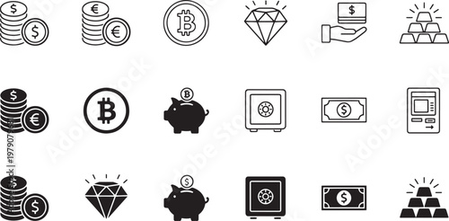 Collection of financial icons including cryptocurrency and money