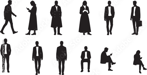 A group of silhouettes of business people walking and standing.