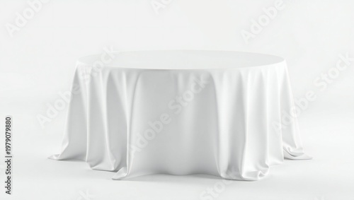 Round table covered with a flowing white tablecloth against a white background