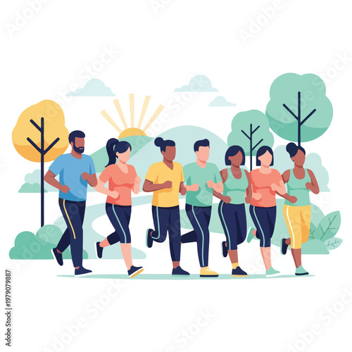 Illustration of a diverse group of people running in a park