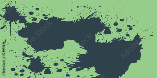 Vibrant vector dark blue paint splatter or ink blot texture on a green background. Abstract, energetic grunge element ideal for banners, borders, or modern artistic accents.