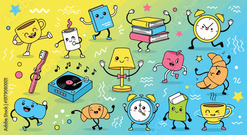 Cartoon objects with smiling faces dancing.