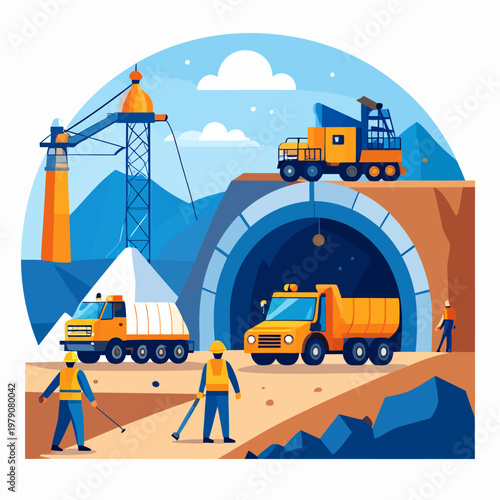 Tunnel Construction Scene with Heavy Machinery and Workers Building Infrastructure