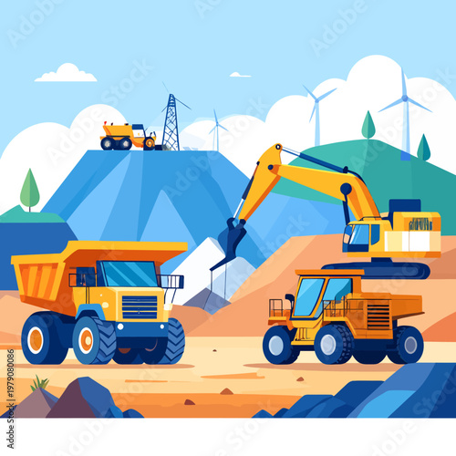 Industrial mining and construction site with heavy machinery. Excavator, dump trucks, bulldozer perform earthmoving tasks against hills and wind turbines