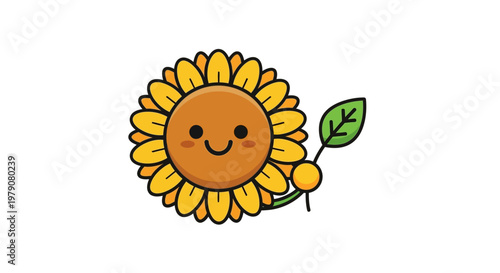 Adorable kawaii cartoon sunflower with a smiley face, holding a green leaf, perfect for cheerful summer designs and nature-themed artwork