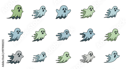 Collection of playful, cartoon-style ghost icons in various poses and colors, perfect for Halloween and spooky themes