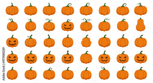 A festive collection of assorted pumpkins and Jack-o'-lanterns, perfect for Halloween and autumn decorations