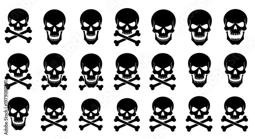 A striking array of black and white skull and crossbones icons, representing danger, pirate themes, and Halloween festivities in a bold graphic design