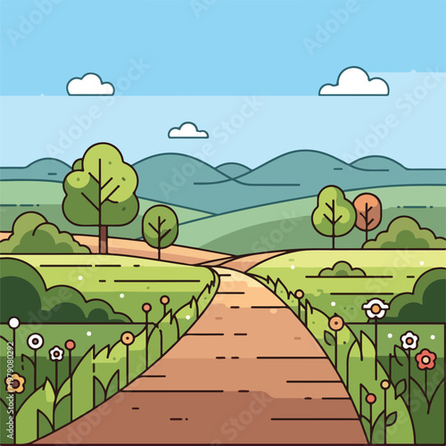 Cartoon Pathway Through Green Fields and Trees.