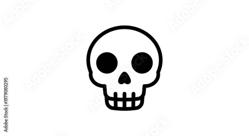 Simple, Clean, Black and White Illustration of a Human Skull with Empty Eye Sockets and Teeth