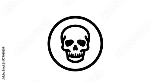 A simple, bold black and white graphic icon of a skull within a circle on a white background, representing danger or death
