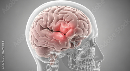 Medical illustration of a human brain inside a transparent skull showing highlighted areas of neural activity zones.