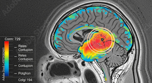 Detailed medical MRI scan visualization of a human brain showing thermal activity and neurological mapping data.