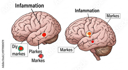 Educational diagram of human brain anatomy highlighting inflammation and medical markers in a clinical illustration.