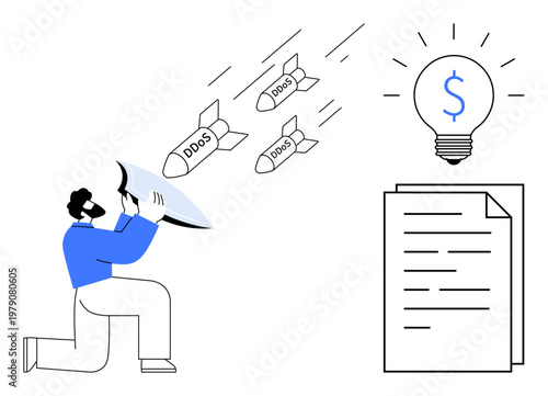 Cybersecurity, financial security, digital attacks prevention, business data safety, online threats, technology defense. Person holding a shield deflecting DDoS missiles towards economic security