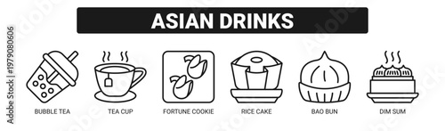 Asian Drinks web banner icon vector illustration concept with icons of bubble tea, tea cup, fortune cookie, rice cake, bao bun, and dim sum. 