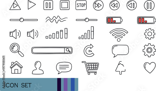 Print Media Player and Essential Web UI Line Icon Set