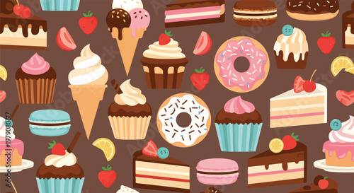 A digital illustration of various sweet treats on a brown background