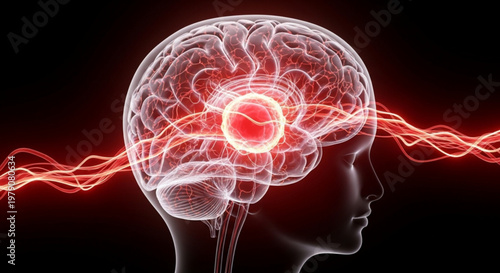 Conceptual ai art of human brain with glowing red inflammatory center and radiating neural energy wave patterns