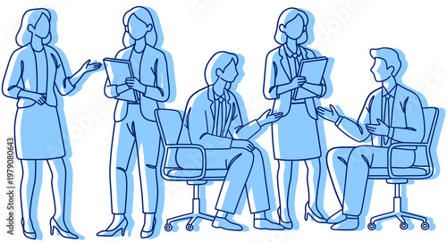 Tableau sur toile Job Interview Blue Outline with Shadow Illustration, Business Recruitment Meetin