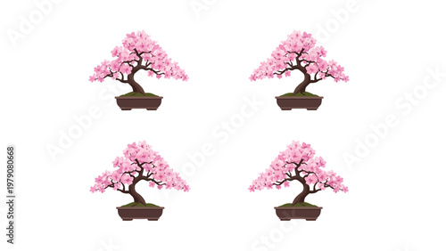 Four Pink Flowering Bonsai Trees in Brown Pots - Elegant Japanese Culture & Nature Art Illustration