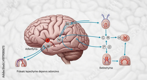 Scientific diagram of human brain neural pathways and cognitive processing centers with labels on light background.