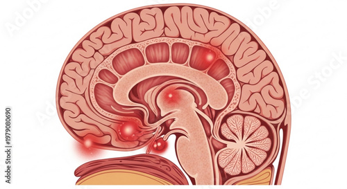Cross section anatomical view of human brain highlighting internal inflammation points in a medical illustration.