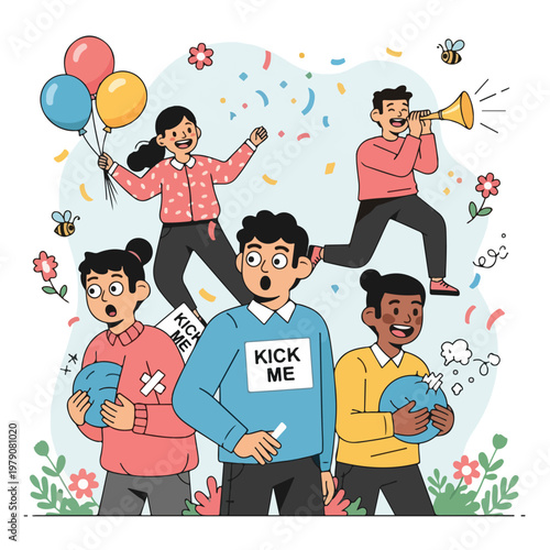 Illustration of a group celebrating with balloons, confetti, and a horn