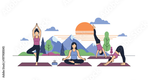 A serene yoga scene with four women in various poses