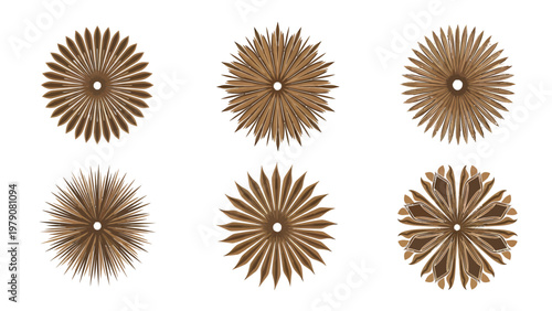 Brown Abstract Radial Patterns Set. Geometric Starburst Designs for Decoration, Backgrounds, and Creative Projects.