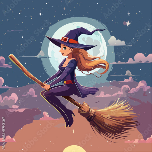 Witch flying on broomstick moonlit night