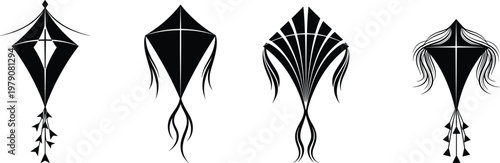 Kite, set, silhouette, flying, toy, festival, vector, illustration, wind, outdoor, recreation, design, graphic, collection, traditional, shape, decorative, sky, leisure, activity