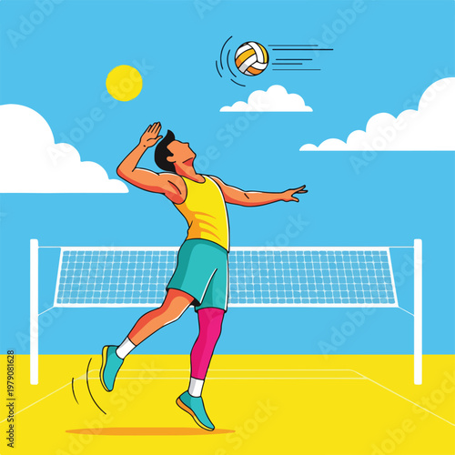 Man spiking volleyball on beach court under sunny sky with clouds