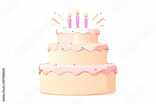 A colorful three tiered birthday cake with lit pink candles