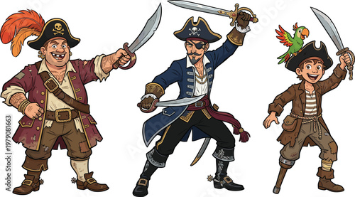 Pirate Character Illustration Set with Captain, Buccaneer and Crew Members in Action Poses, Vintage Costumes, Swords and Sea Adventure Cartoon Collection for Games