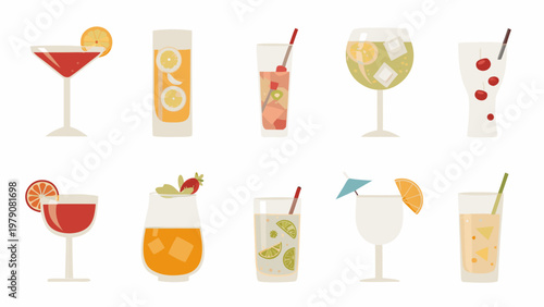 Colorful collection of various alcoholic and non alcoholic beverages in glasses