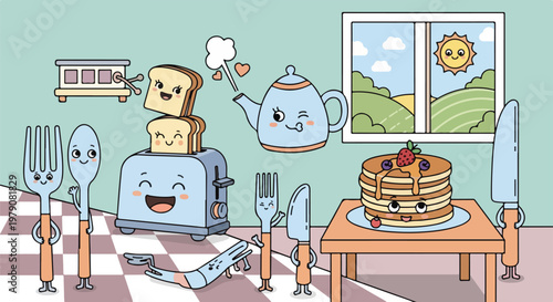 Cartoon toaster with bread on top.