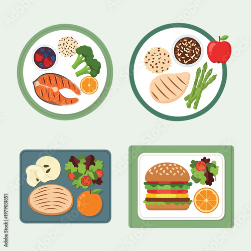 Various healthy meal options presented in a colorful, flat illustration style
