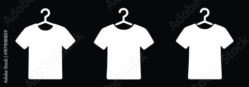 Set of black t-shirt icons in outline and solid silhouette styles, showcasing various designs like crew neck, V-neck, rolled sleeves, and a tee on a 