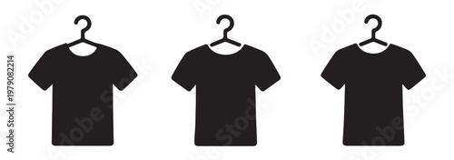 Set of black t-shirt icons in outline and solid silhouette styles, showcasing various designs like crew neck, V-neck, rolled sleeves, and a tee on a 