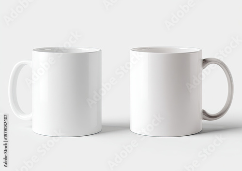 Two plain white ceramic mugs, side-by-side on a light gray surface