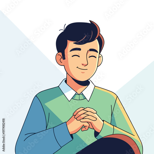 Illustration of a man with folded hands, smiling with closed eyes