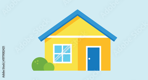 A simple cartoon house with yellow walls, blue roof and door, and a green bush
